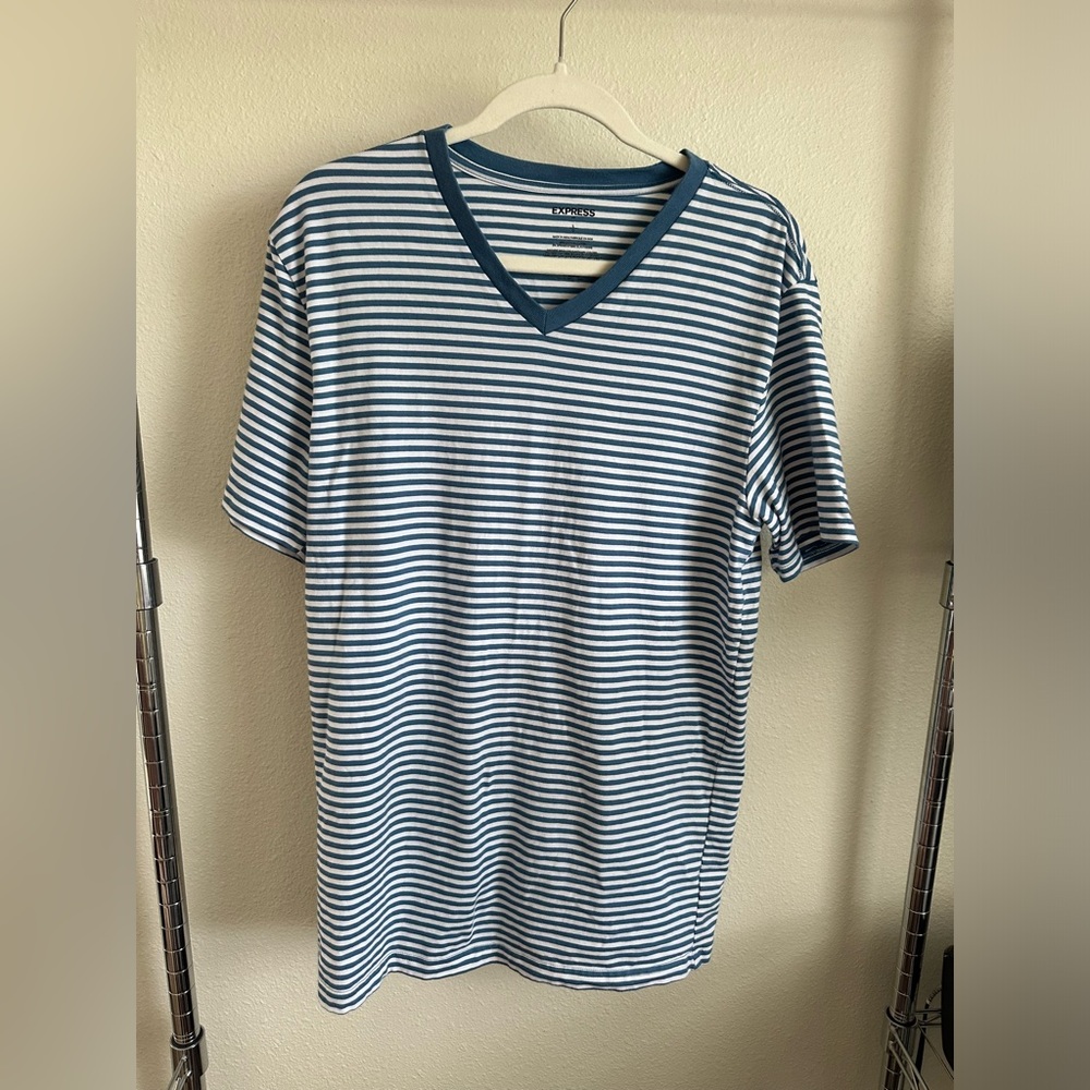 Express Blue and White Striped Short Sleeve Tee